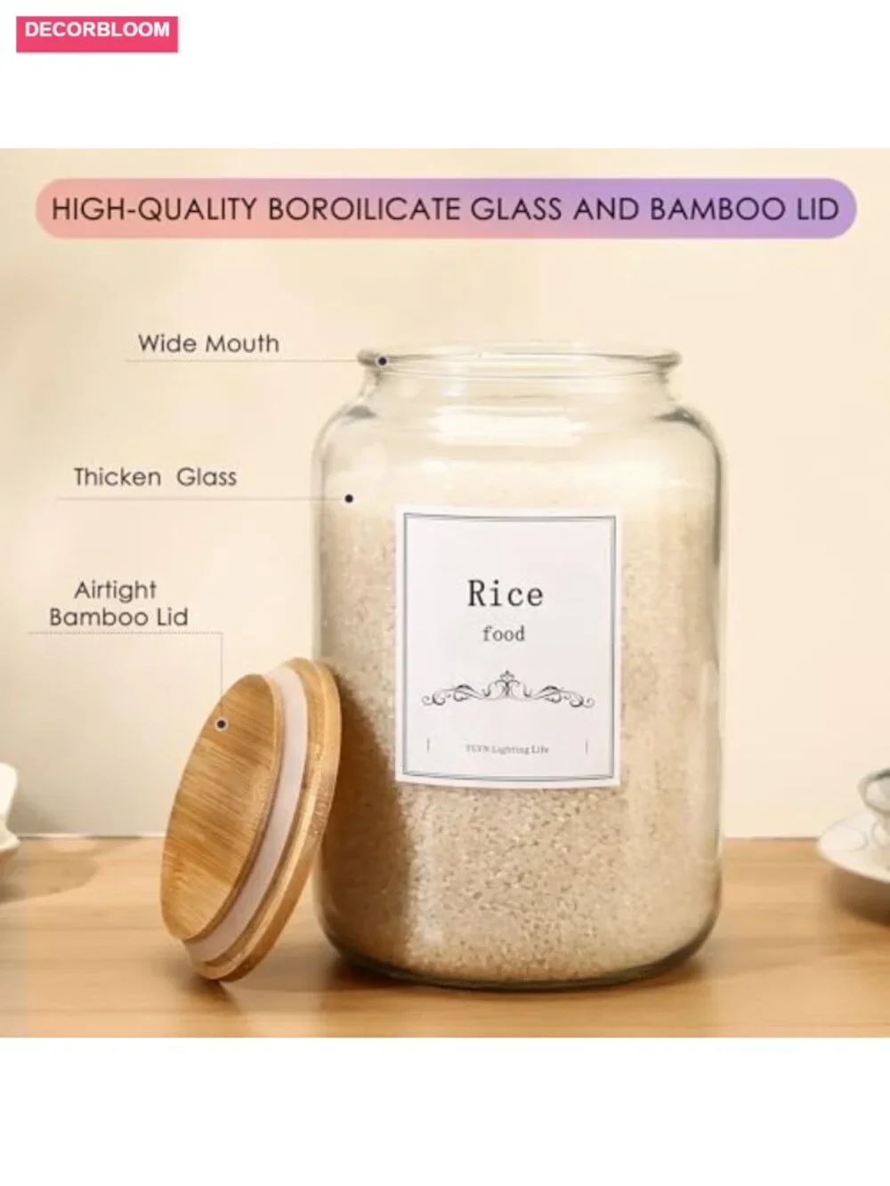Large Glass Jar with Airtight Bamboo Lid - Kitchen Canister for Flour, Sugar,